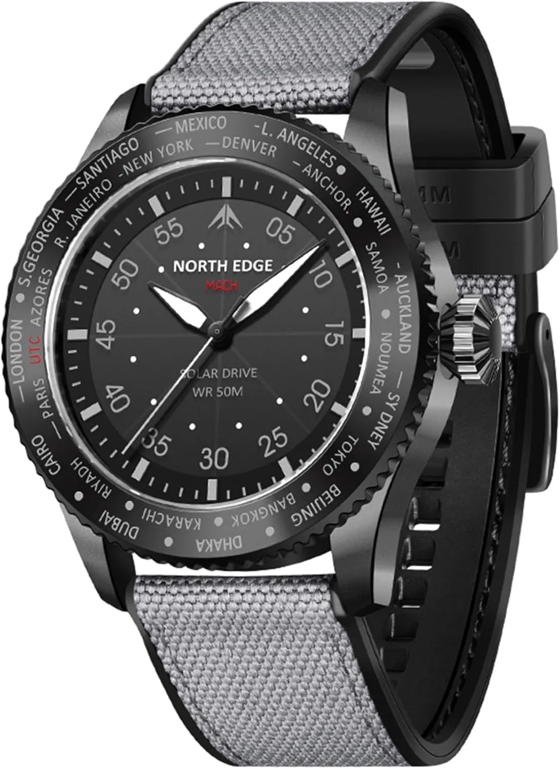NORTH EDGE Men's Solar Pilot Watch - Quartz Movement, Mineral Glass, Lightweight & Durable Leather Strap, Model: MACH