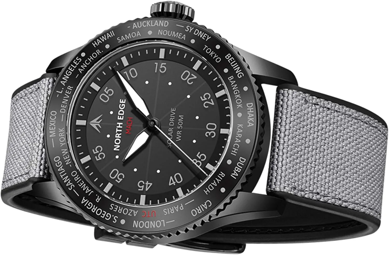 NORTH EDGE Men's Solar Pilot Watch - Quartz Movement, Mineral Glass, Lightweight & Durable Leather Strap, Model: MACH