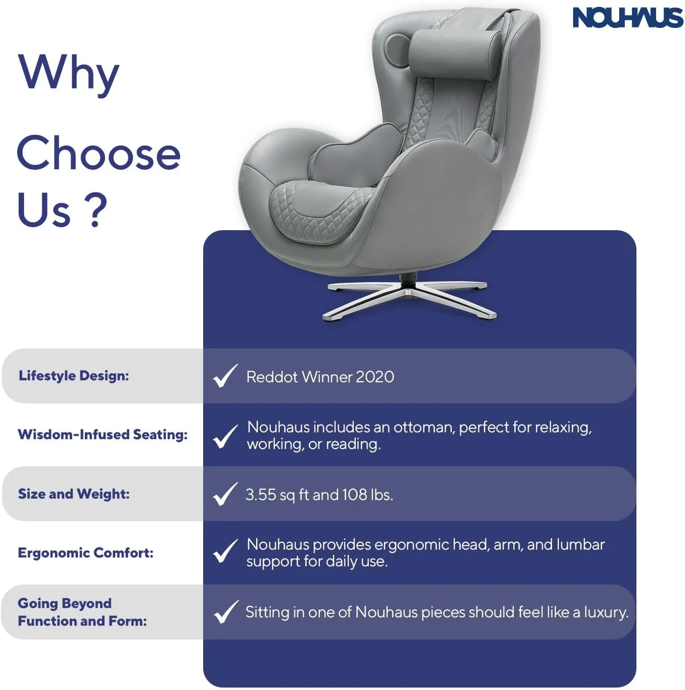 Nouhaus Heated Classic Massage Chair with Ottoman – Full Body & Spot Shiatsu Massager, Recliner with Bluetooth Speaker & in-Chair Charger – Portable & Ergonomic Design