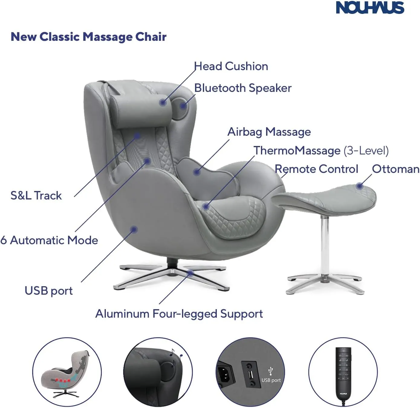 Nouhaus Heated Classic Massage Chair with Ottoman – Full Body & Spot Shiatsu Massager, Recliner with Bluetooth Speaker & in-Chair Charger – Portable & Ergonomic Design