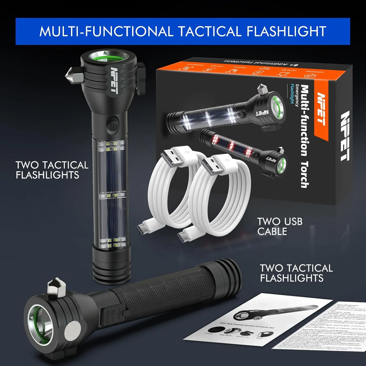 NPET T09 Solar Flashlight Car Flashlight 268 Lumens LED COB Light USB Rechargeable Tactical Multi-Function Torch Tool with Window Breaker Seat Belt Cutter Compass (T09-2pack)