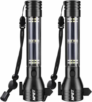 NPET T09 Solar Flashlight Car Flashlight 268 Lumens LED COB Light USB Rechargeable Tactical Multi-Function Torch Tool with Window Breaker Seat Belt Cutter Compass (T09-2pack)