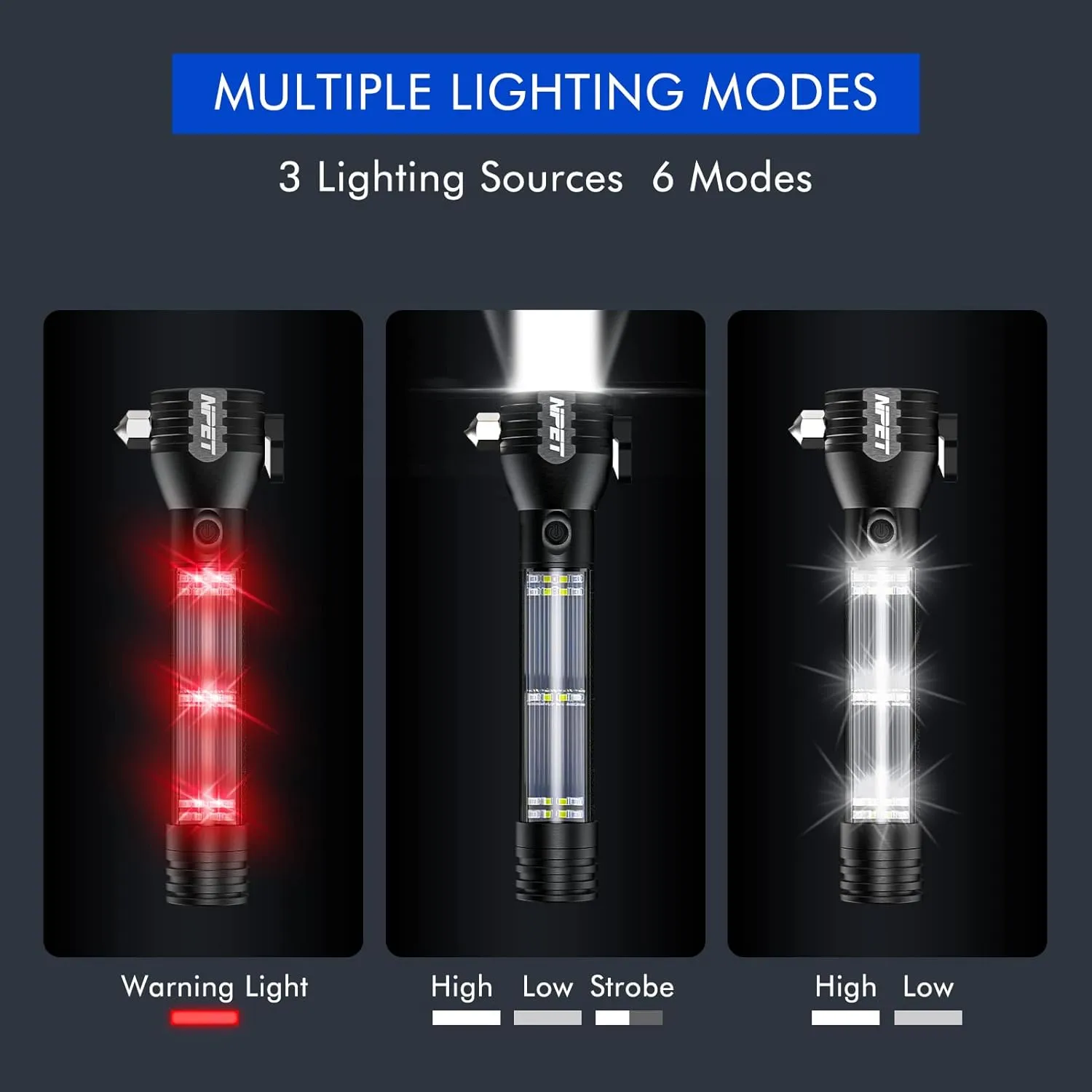 NPET T09 Solar Flashlight Car Flashlight 268 Lumens LED COB Light USB Rechargeable Tactical Multi-Function Torch Tool with Window Breaker Seat Belt Cutter Compass (T09-2pack)