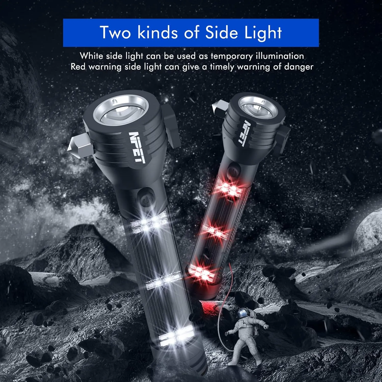 NPET T09 Solar Flashlight Car Flashlight 268 Lumens LED COB Light USB Rechargeable Tactical Multi-Function Torch Tool with Window Breaker Seat Belt Cutter Compass (T09-2pack)