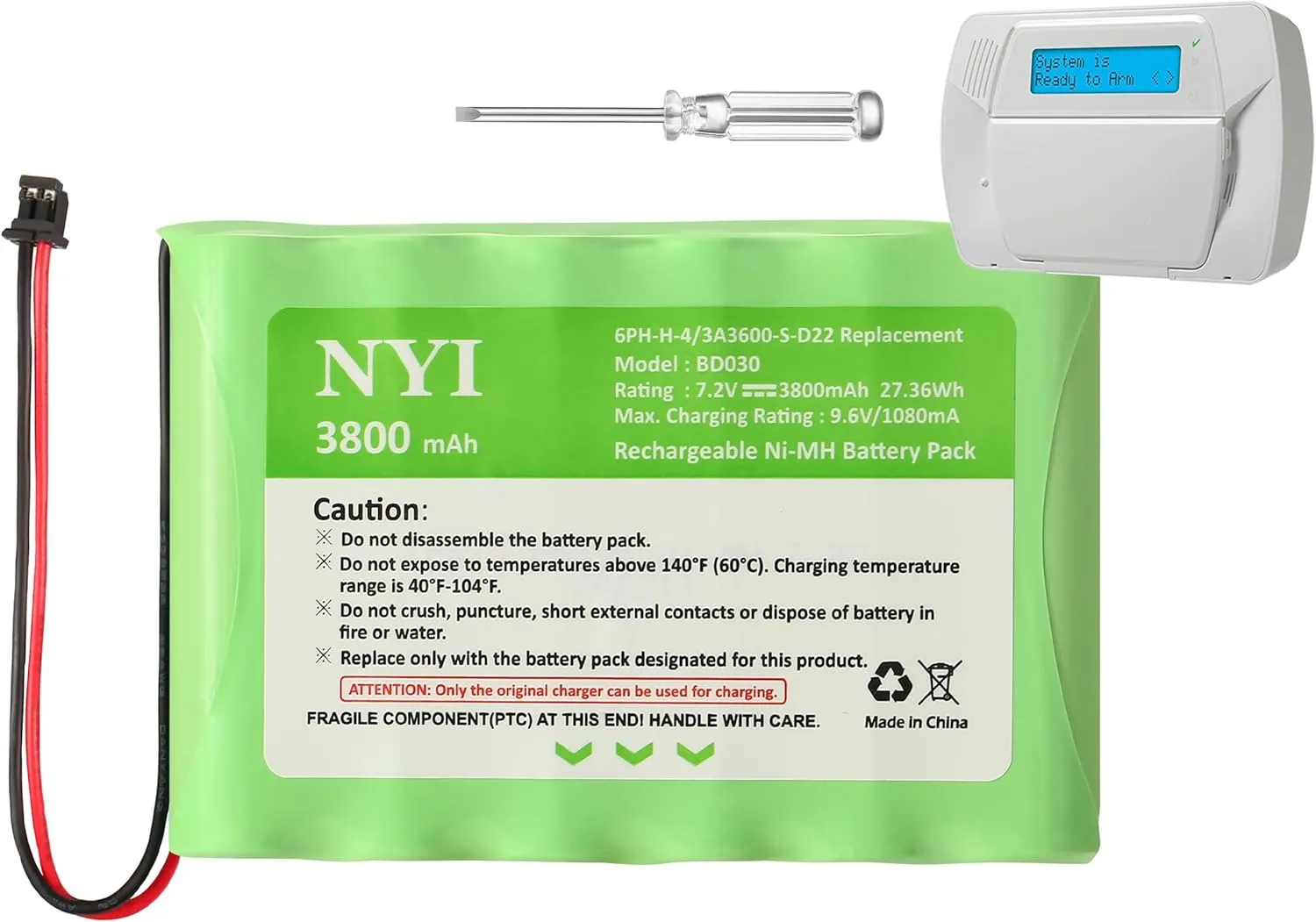 NYI Upgraded 3800mAh Battery Compatible with ADT IMPASSA 9057 SCW9057 SCW9055, 6PH-H-4/3A3600-S-D22 Replacement, 7.2V Rechargeable Ni-MH Battery Pack for DSC Control Panel, 2 Pin Connector
