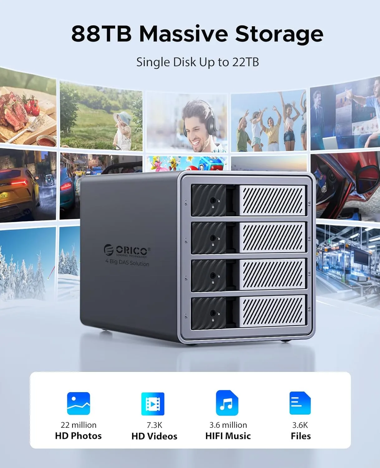 ORICO USB 3.0 Hard Drive Enclosure 4 Bay External Direct Attached Storage Max up to 88TB with Tray Lessing and Safety Lock for 3.5 inch SSDs HDDs ( Alluminum Alloy) -9848U3