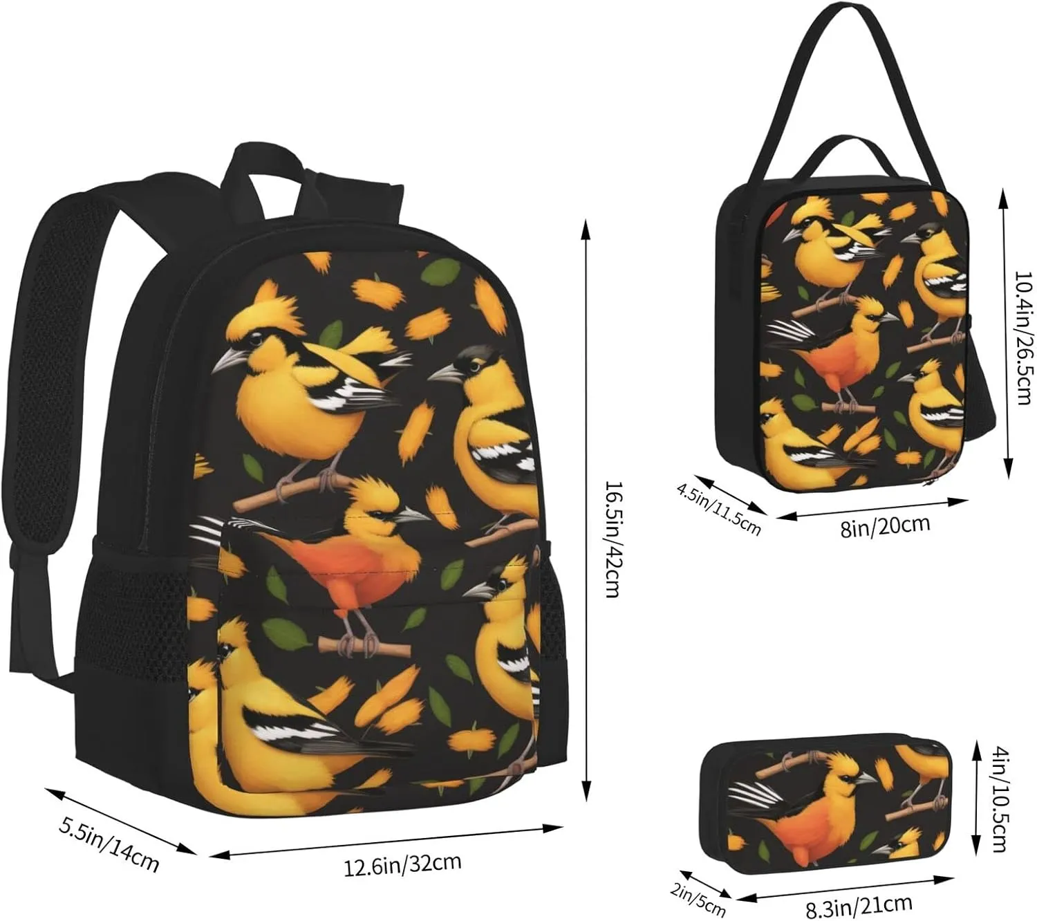 Oriole Bird Three-Piece Backpack Set With Pocket Backpack Cross-Body Lunch Bag Pen Bag For Travel Daypack