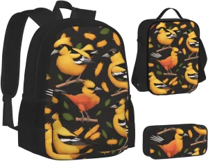 Oriole Bird Three-Piece Backpack Set With Pocket Backpack Cross-Body Lunch Bag Pen Bag For Travel Daypack