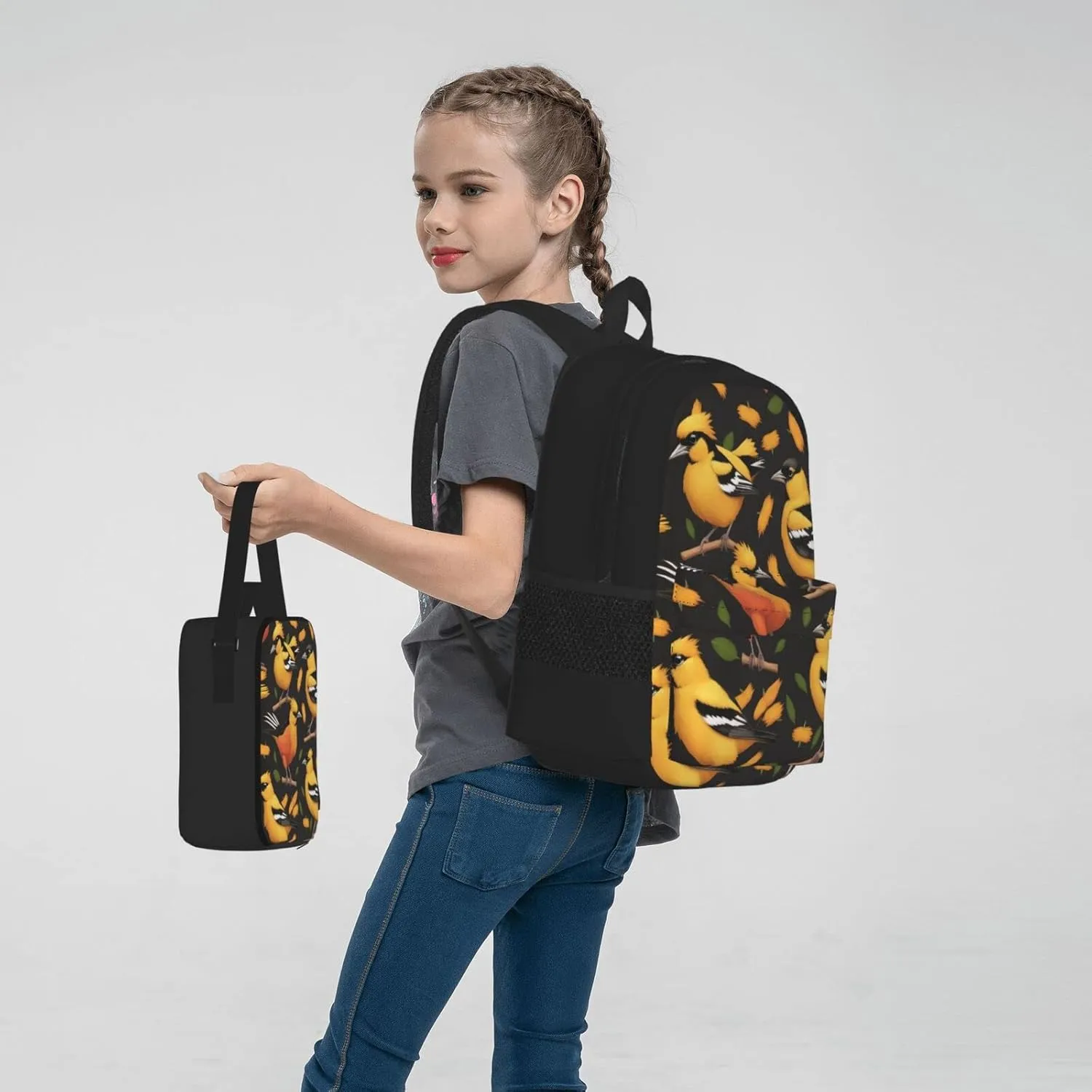 Oriole Bird Three-Piece Backpack Set With Pocket Backpack Cross-Body Lunch Bag Pen Bag For Travel Daypack