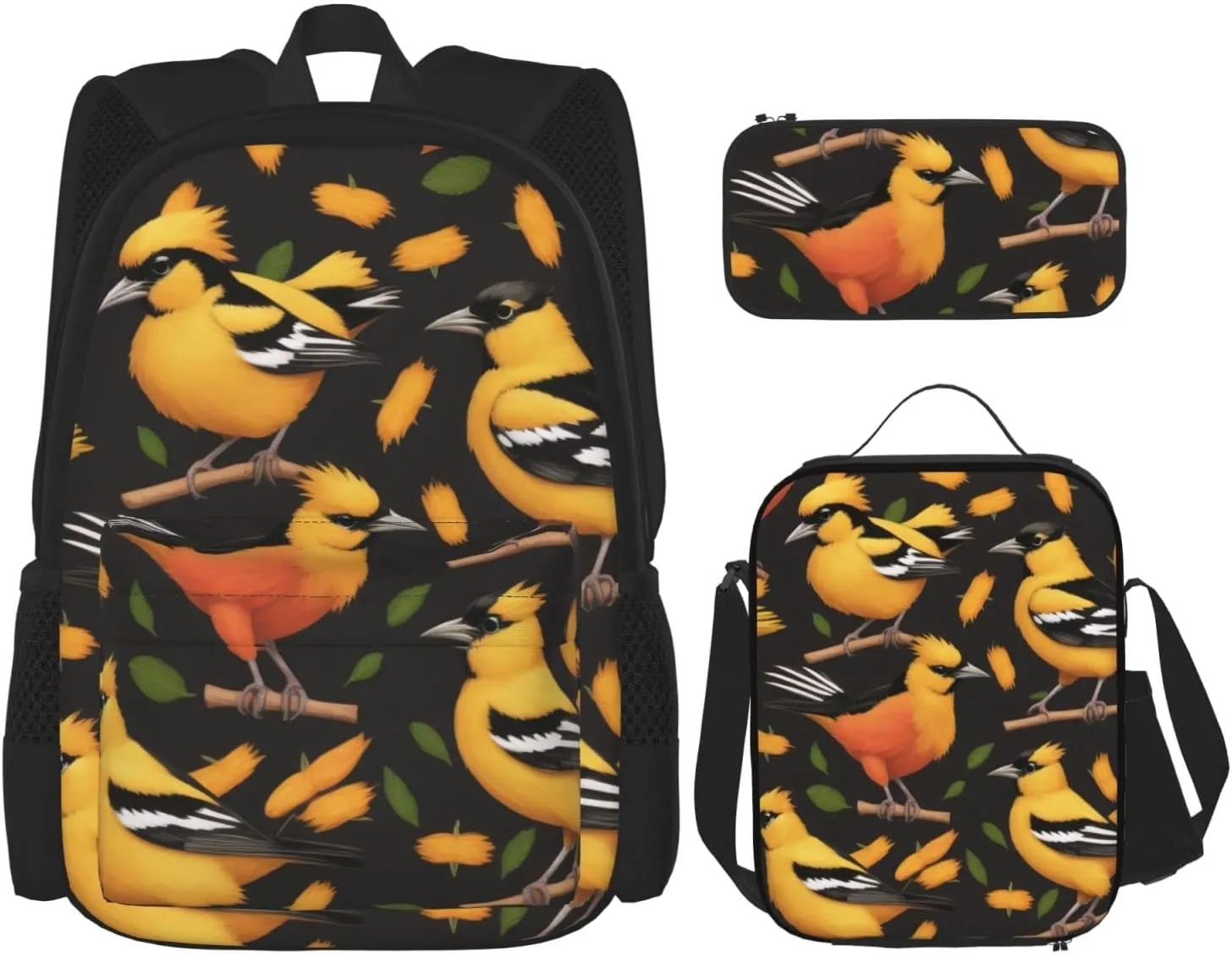 Oriole Bird Three-Piece Backpack Set With Pocket Backpack Cross-Body Lunch Bag Pen Bag For Travel Daypack