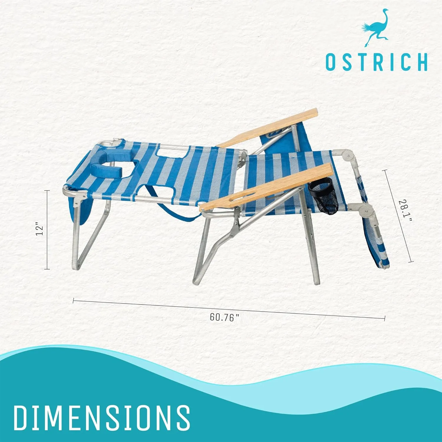 Ostrich 3-N-1 Lightweight Comfortable Aluminum Multi-Position Relaxing Reclining Beach Chair, Striped (2 Pack)