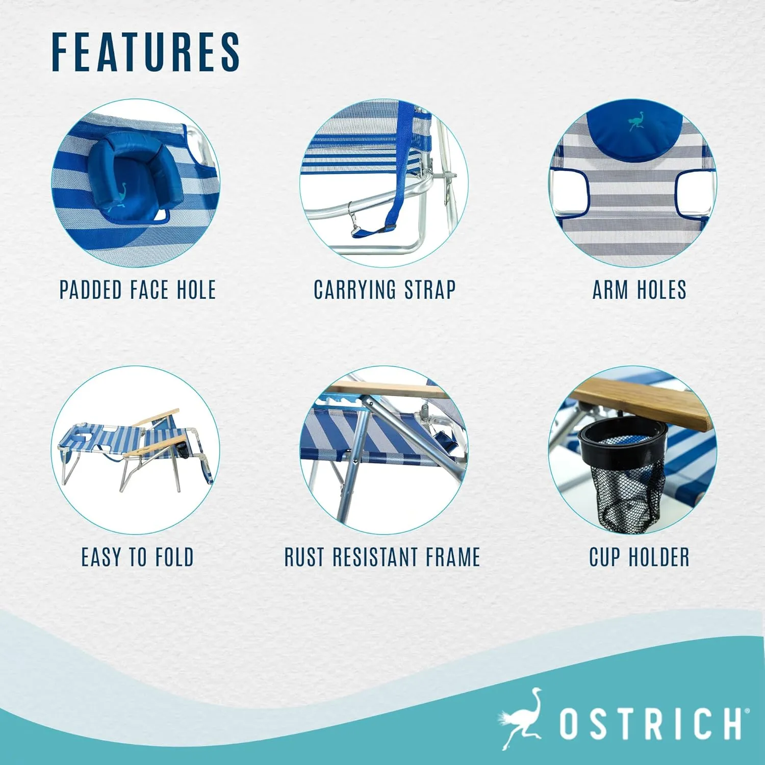 Ostrich 3-N-1 Lightweight Comfortable Aluminum Multi-Position Relaxing Reclining Beach Chair, Striped (2 Pack)