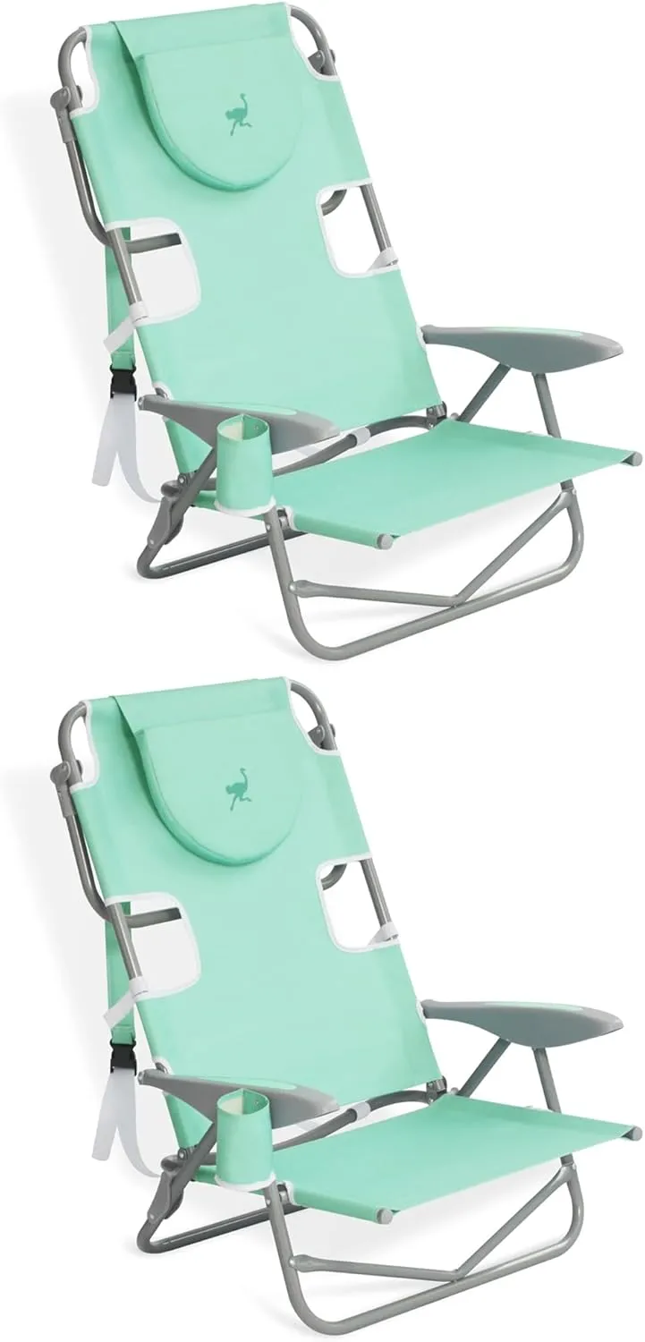 Ostrich Lightweight Portable Outdoor On Your Back Folding Chair for Relaxing with 5 Seat Adjustment Backpack Straps and Cup Holder, Teal (2 Pack)