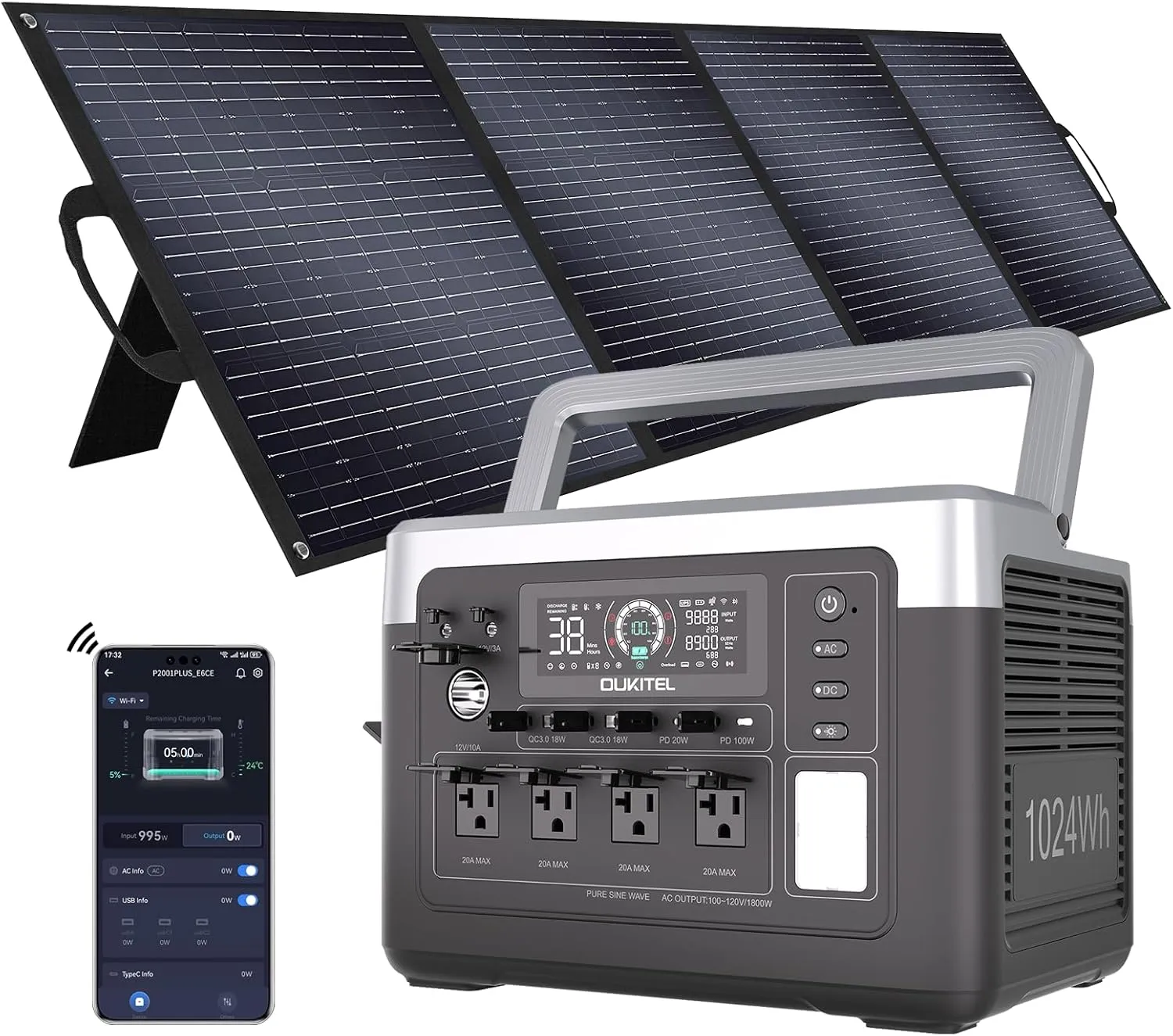 OUKITEL P1000 Plus 1024Wh Solar Generator with 4 AC Outlets (3600W Peak),1800W Power Station with 200W Solar Panel, 1200W Fast Charging, APP Control Battery Backup for Home, Camping & RVs