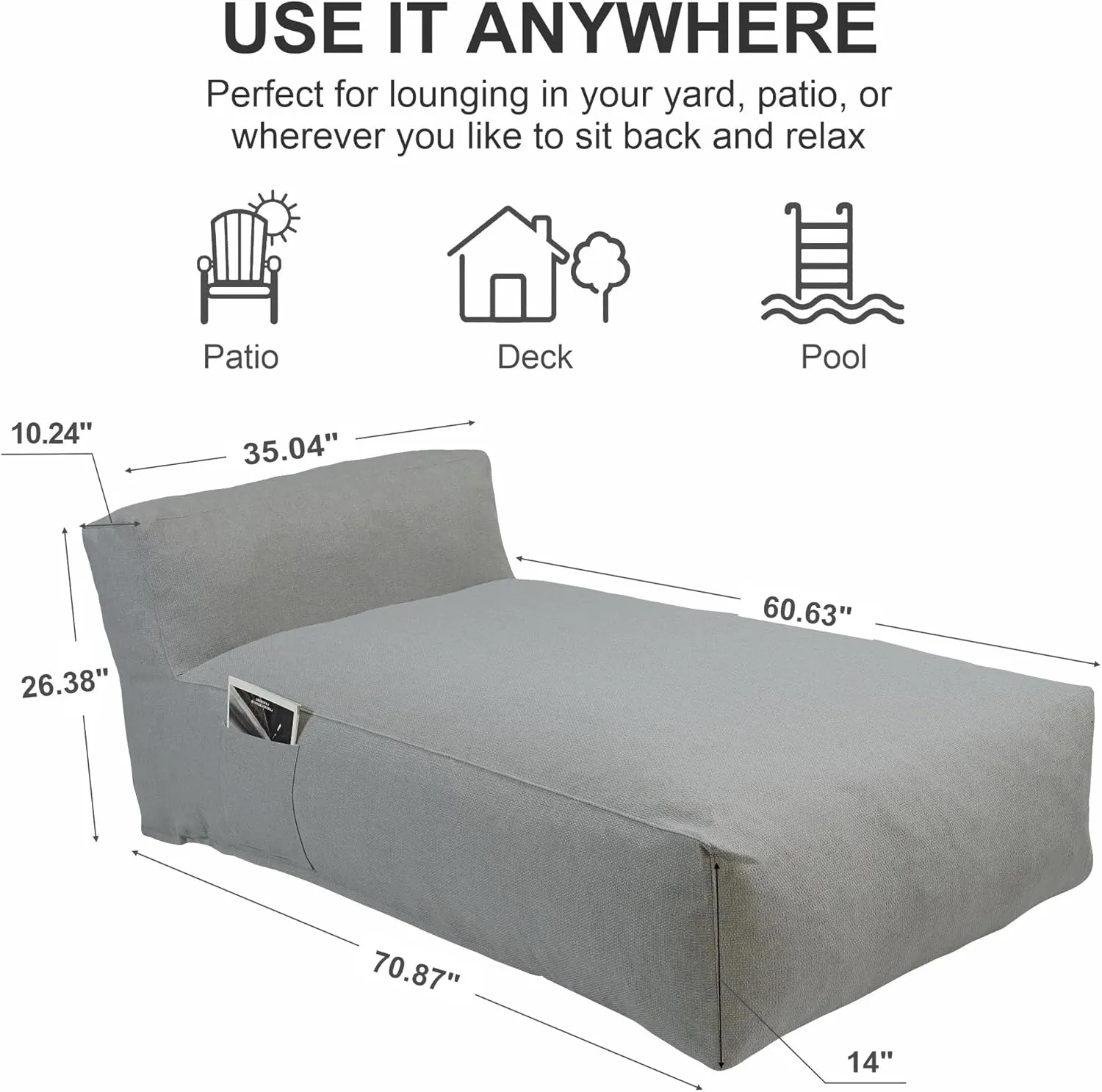 Outdoor Bean Bag Bed Lounger Chair for Pool, Comfy Foam Lazy Patio Sofa Furniture, Water-Resistant Outside Couch, Outdoor Day Beds Sofa for Pool, Patio, Deck (Grey, 70.86 inch)