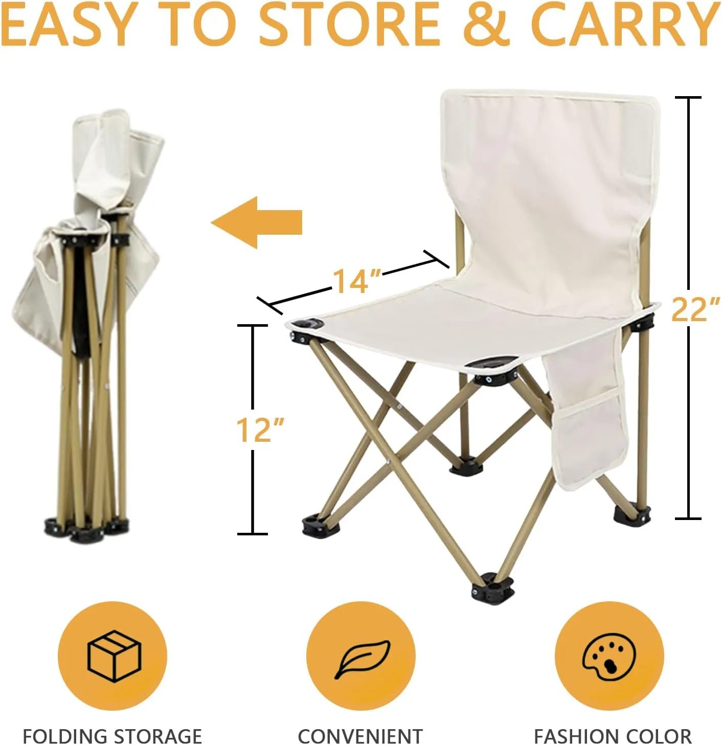 Outdoor Camping Chair, Collapsible Chair with Side Pocket and Carry Bag, Folding Chair for Camping, Beach, Picnic, Sunbathing Chairs with Storage Bag (Beige)