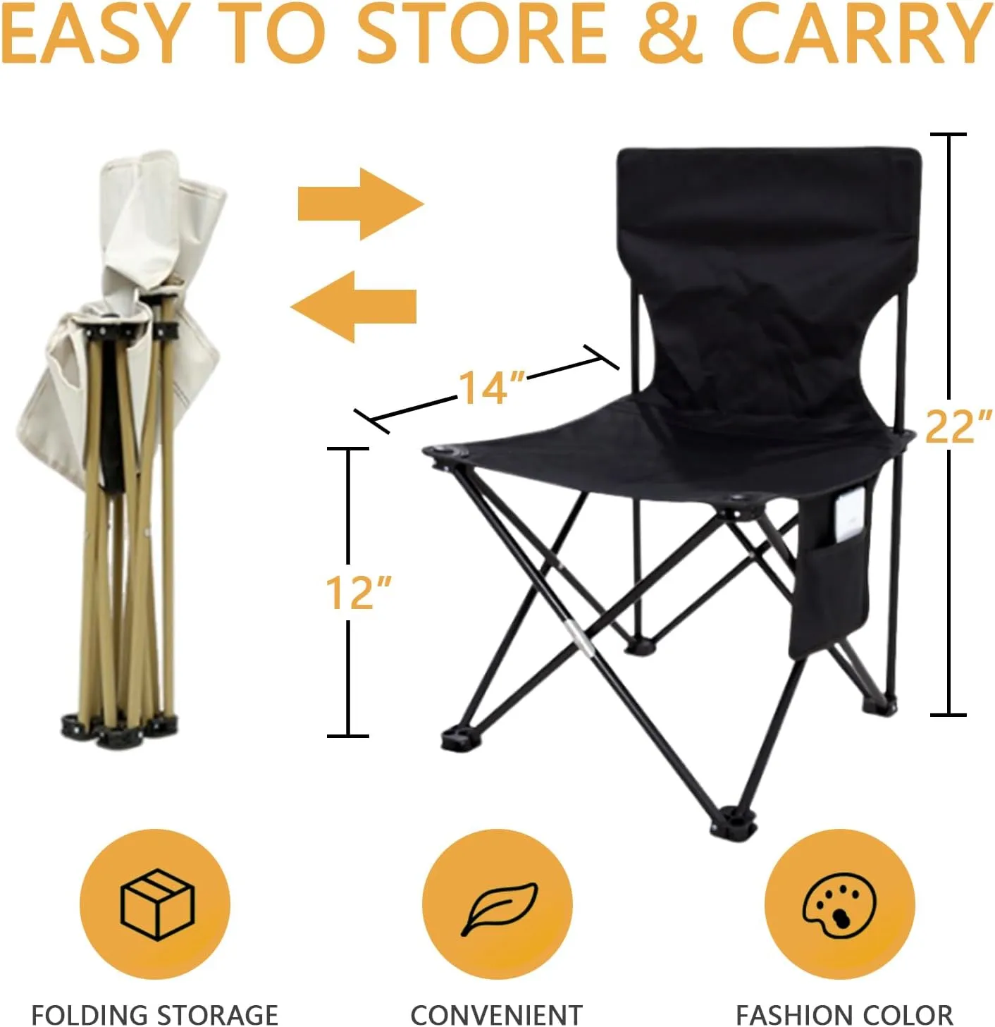 Outdoor Camping Chair, Collapsible Chair with Side Pocket and Carry Bag, Folding Chair for Camping, Beach, Picnic, Sunbathing Chairs with Storage Bag (Black)
