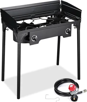 Outdoor Camping Stove, Propane Dual Burner Cooker w/Detachable Legs, 0-20 PSI Regulator, 150,000-BTU for Camping, Barbecue, Car Travel, Garden Party