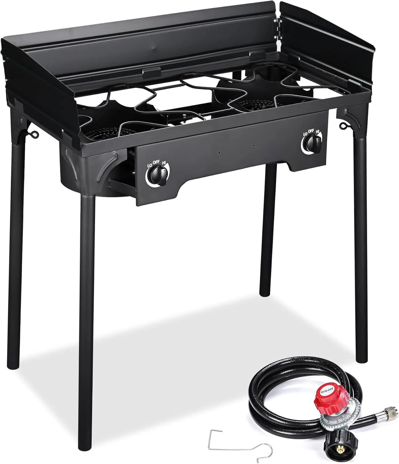 Outdoor Camping Stove, Propane Dual Burner Cooker w/Detachable Legs, 0-20 PSI Regulator, 150,000-BTU for Camping, Barbecue, Car Travel, Garden Party