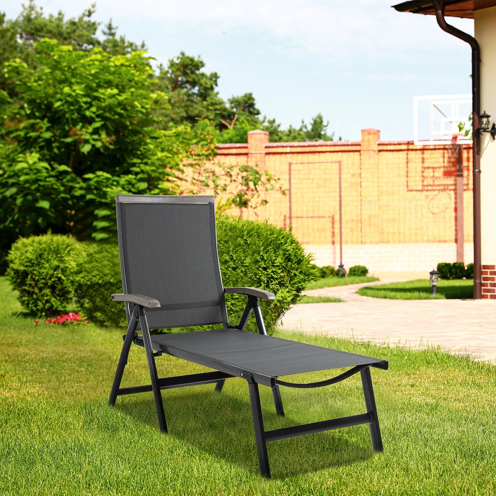Outdoor Folding Sun Lounger, 5-Position Adjustable Chaise Lounge Chair with Aluminium Frame for Patio, Pool and Garden, Grey