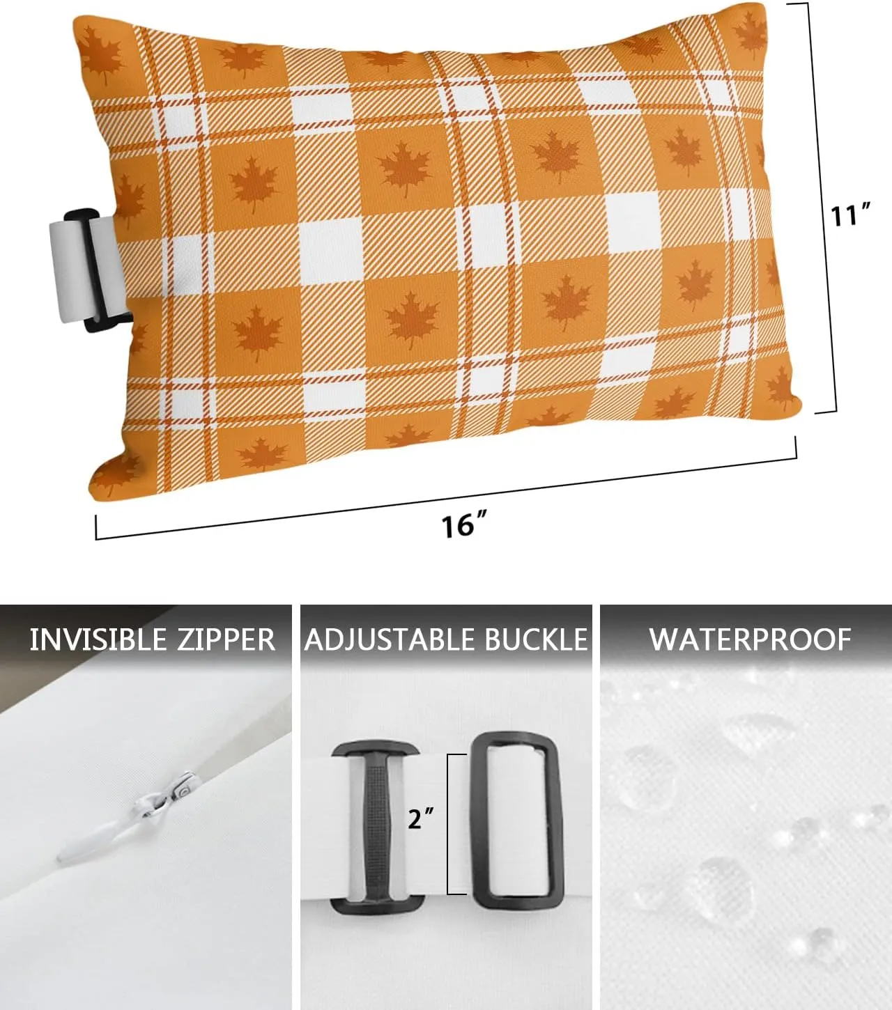 Outdoor Head Pillow with Adjustable Elastic Strap,Thanksgiving Day Autumn Leaves 1 Pack Waterproof Headrest Cushion Pillows for Balcony/Garden/Beach/Pool Chair Recliners Maple Leaf Check Grid