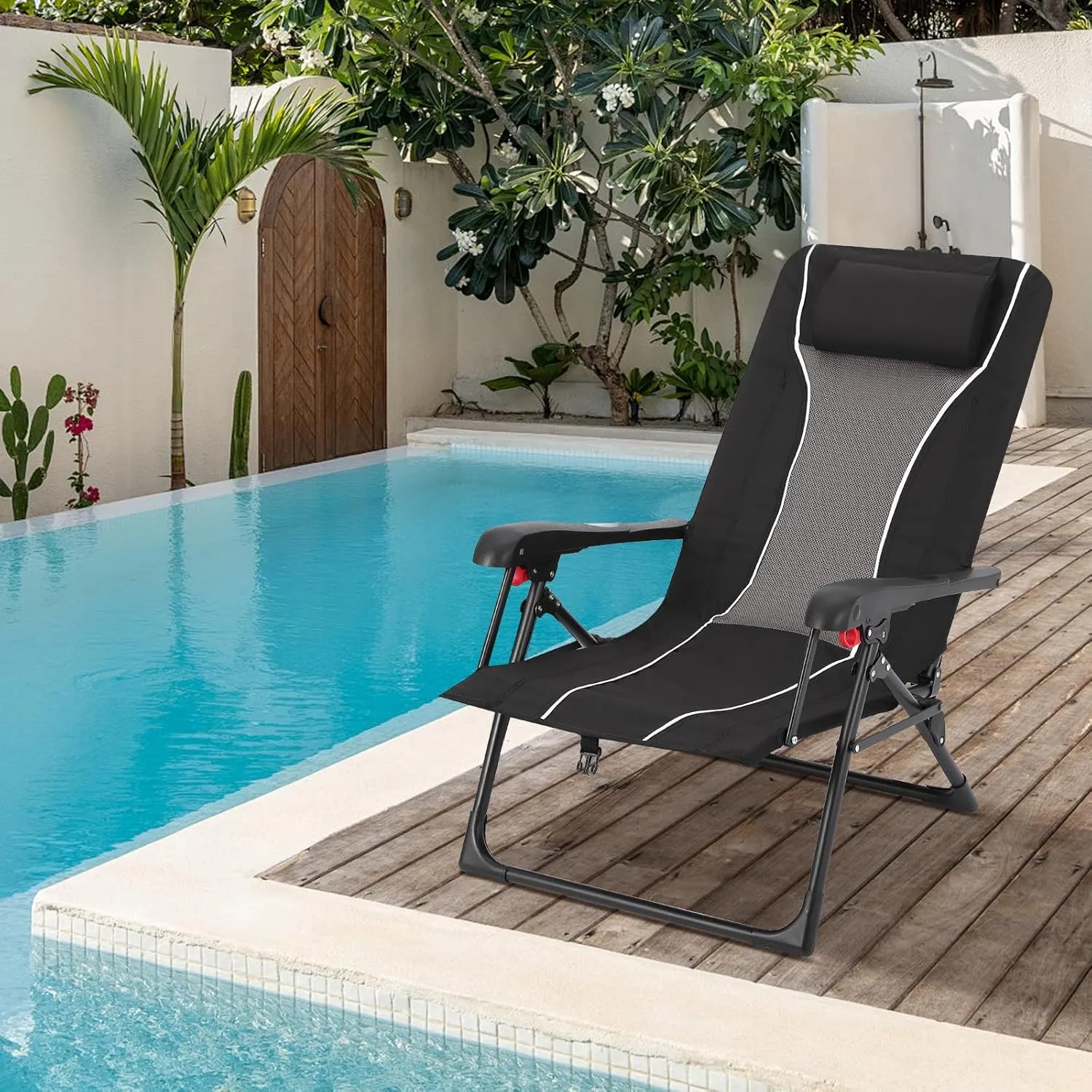 Outdoor Patio Folding Reclining Chair with Headrest,Side Pockets and Shoulder Strap Easy to Fold Breathable Fabric Wide Seat Recliner Chair for Garden Park Camping Black