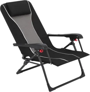 Outdoor Patio Folding Reclining Chair with Headrest,Side Pockets and Shoulder Strap Easy to Fold Breathable Fabric Wide Seat Recliner Chair for Garden Park Camping Black