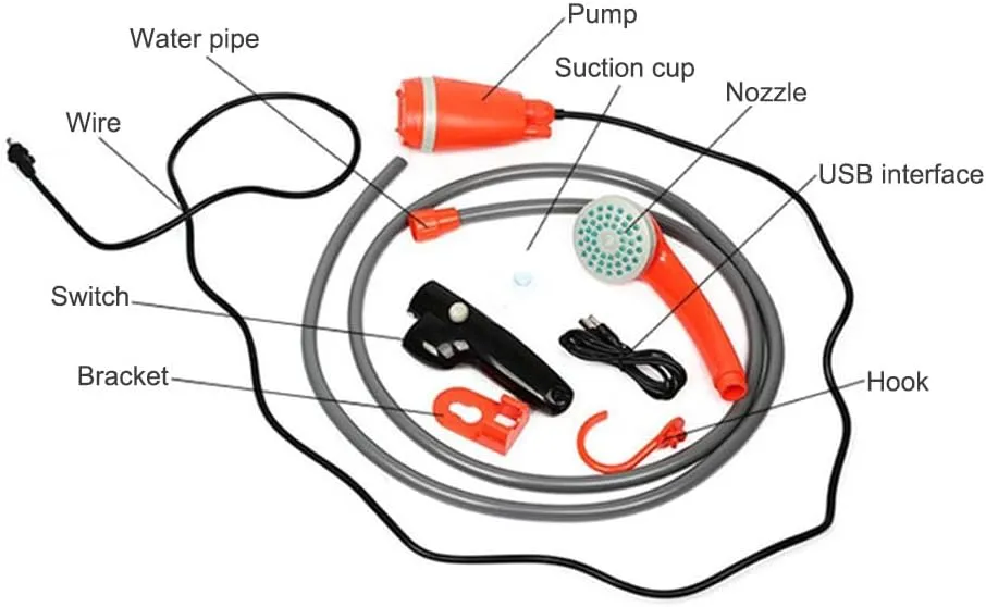 Outdoor Portable Camping Shower Kit with 2.5-3.5L/min Water Dis 2m Hose USB Charging 30-60min Battery Life Camp Shower