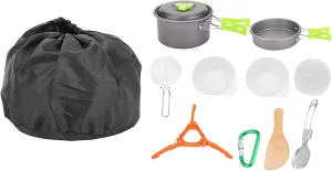 Outdoor Portable Cookware Kit Pot Pan Spoon Bowl Camping Hiking Accessory for Emergency Preparedness Survival Green (AT6384-B)