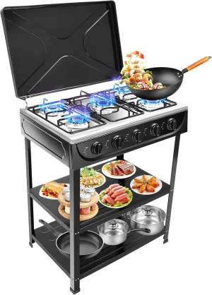 Outdoor Propane Gas Stove, 5 Burner Portable Stand Cooker Camping Natural Gas Stove Outdoor Cooking Gas Stove for Backyard Cooking High Pressure Single Cooker Cooking Home Brewing Camping Turkey