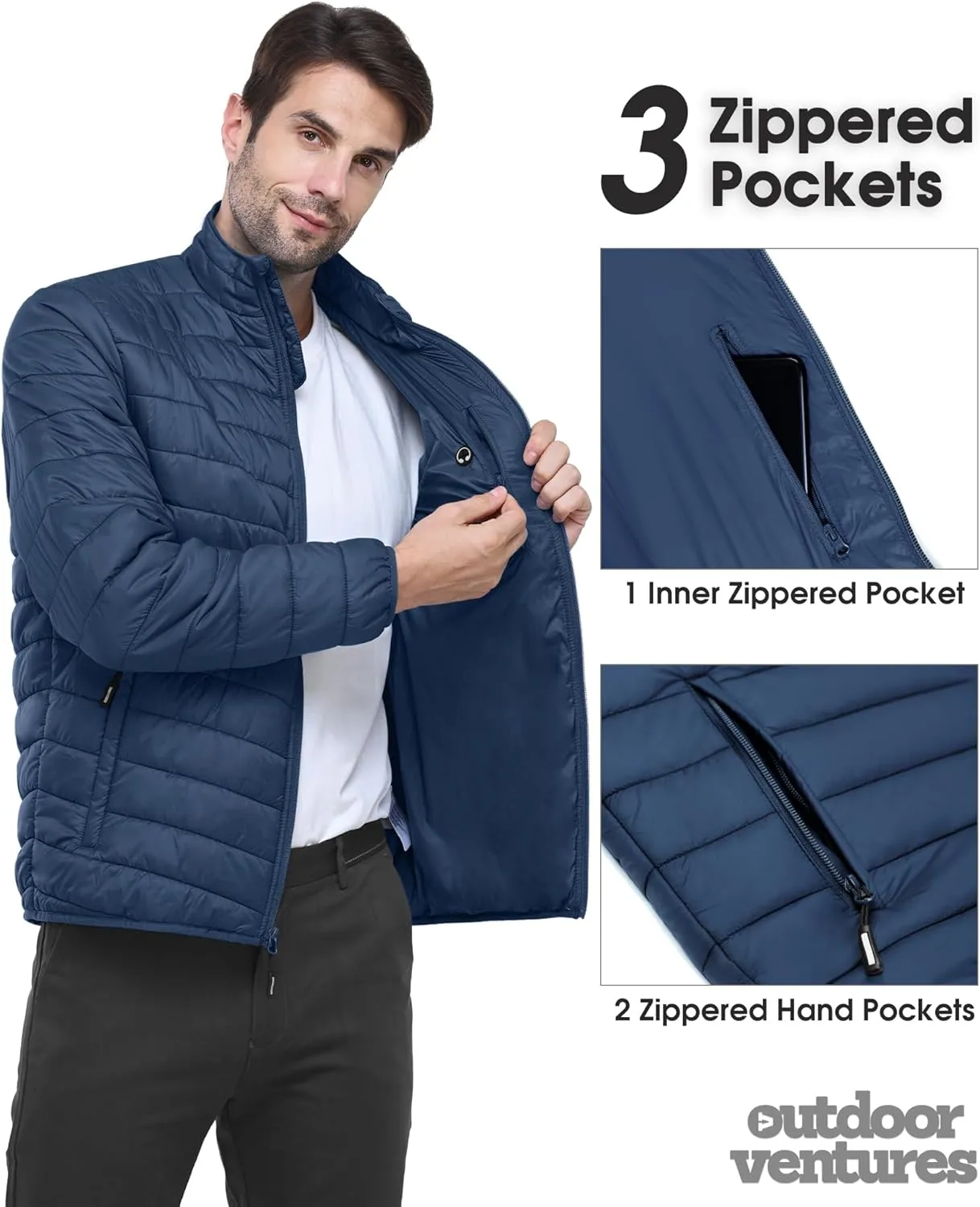 Outdoor Ventures Men's Lightweight Packable Puffer Winter Jacket Insulated Puffy Coat for Snow Ski Hiking Travel