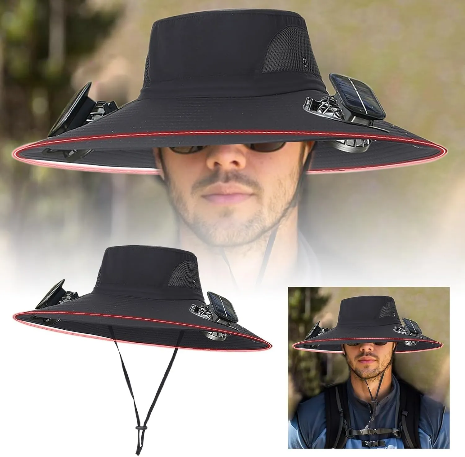 Outdoor Wide Brim Solar Fan Hat with 2 Solar Fan Fishing Hats, Removable USB Charging Fan,UPF 0 Bucket Hats