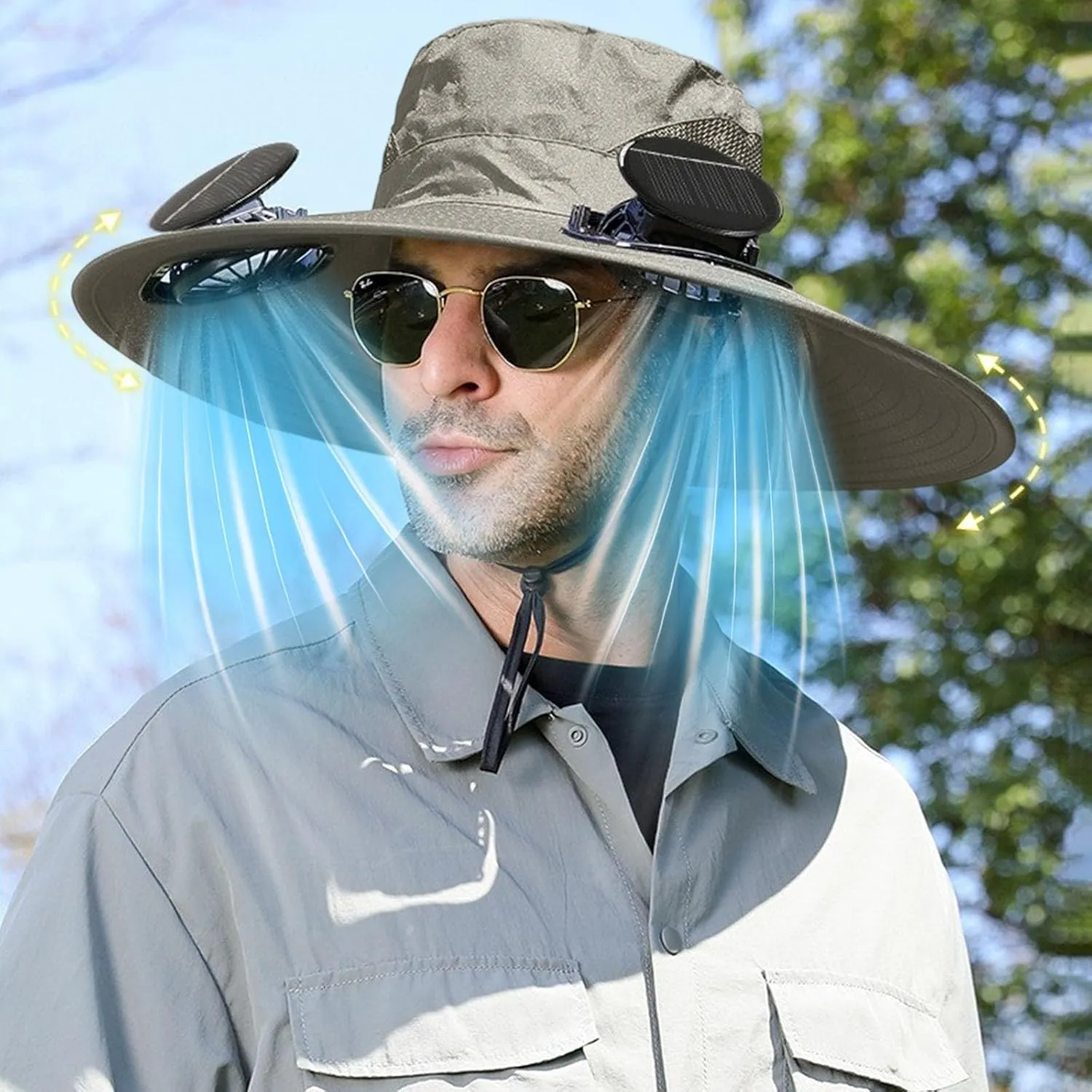 Outdoor Wide Brim Sun Hat with 2 Solar Fan Sun Bucket Hat for Men Women UPF 50  Bucket Fishing & Beach Hat with Fan Built in