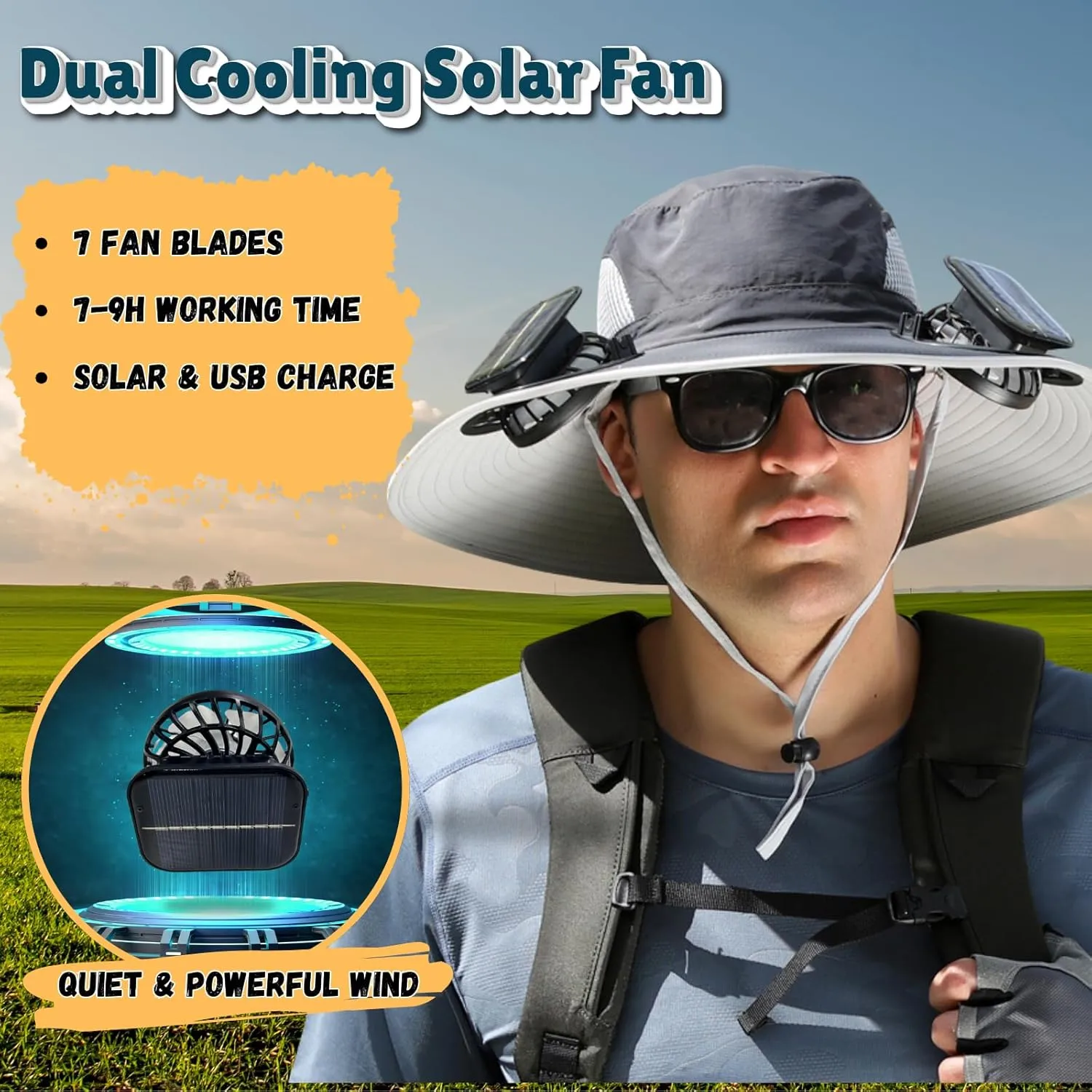 Outdoor Wide Brim Sun Hat with 2 Solar Fan Sun Bucket Hat for Men Women UPF 50  Bucket Fishing & Beach Hat with Fan Built in
