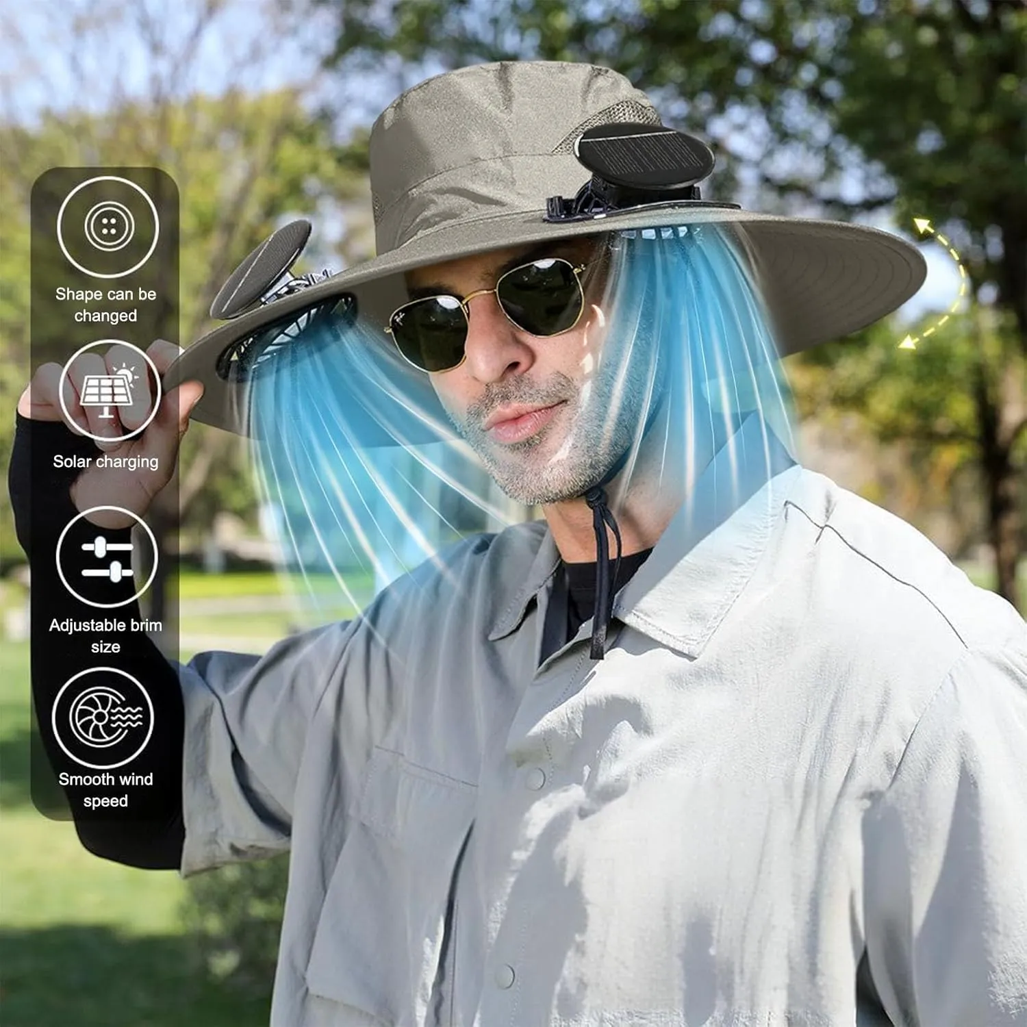 Outdoor Wide Brim Sun Hat with 2 Solar Fan Sun Bucket Hat for Men Women UPF 50  Bucket Fishing & Beach Hat with Fan Built in