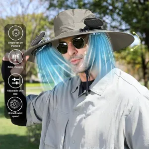 Outdoor Wide Brim Sun Hat with 2 Solar Fan Sun Bucket Hat for Men Women UPF 50  Bucket Fishing & Beach Hat with Fan Built in