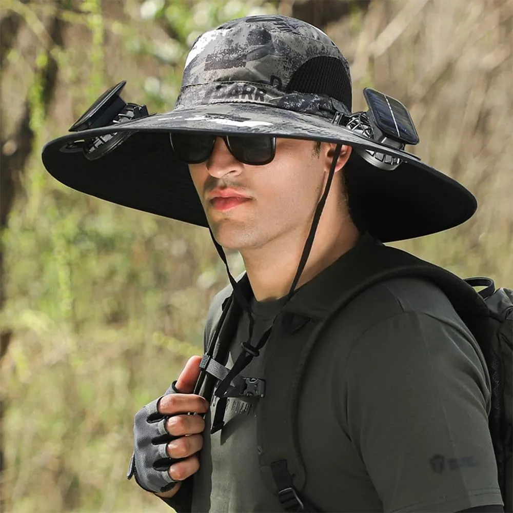 Outdoor Wide Brim Sun Hat with 2 Solar Fan Sun Bucket Hat for Men Women,Solar with Built in Fan UPF 50  Outdoor