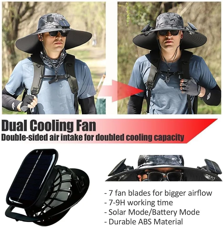 Outdoor Wide Brim Sun Hat with 2 Solar Fan Sun Bucket Hat for Men Women,Solar with Built in Fan UPF 50  Outdoor