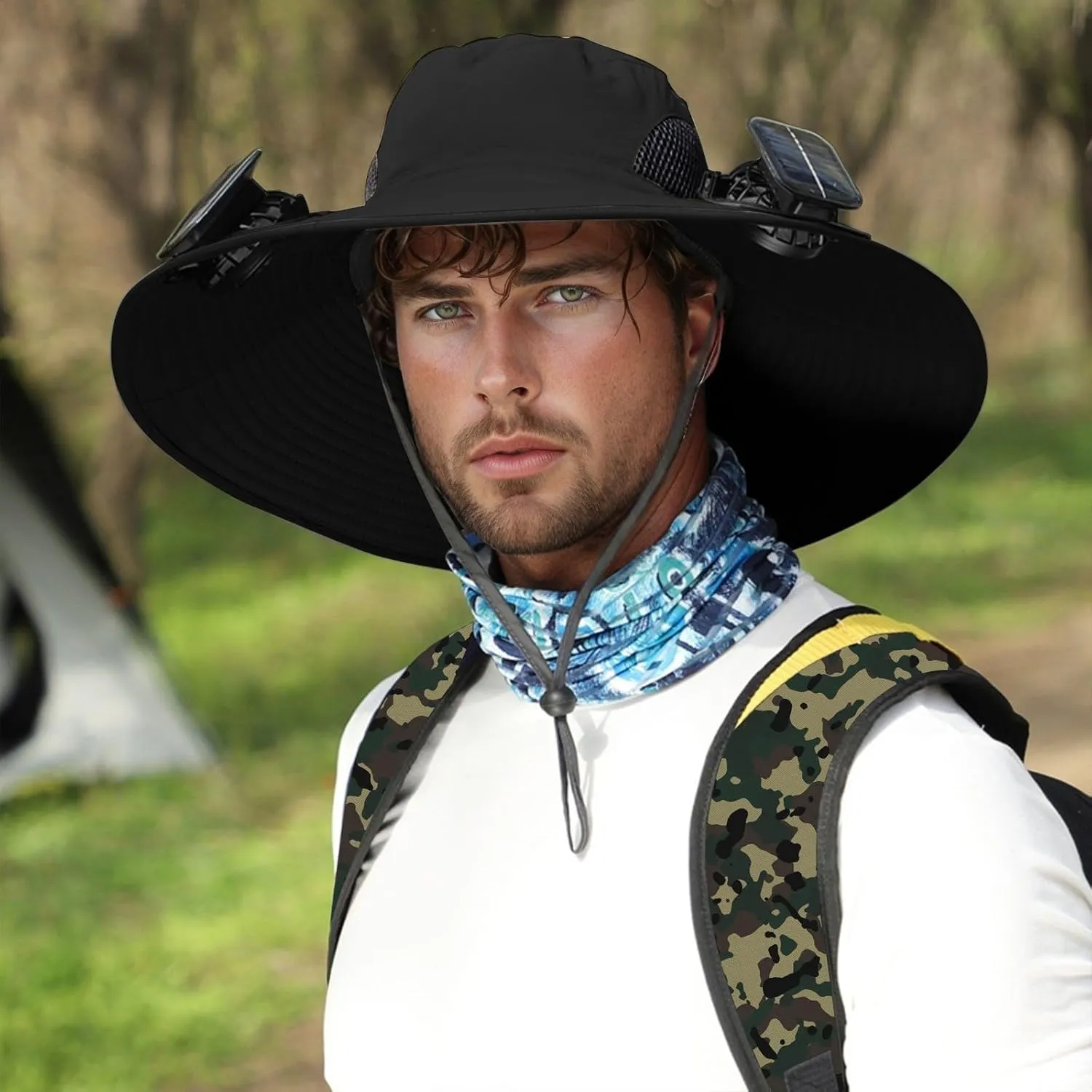 Outdoor Wide Brim Sun Hat with 3 Solar Fan Sun Bucket Hat for Men Women Bucket Fishing & Beach Hat with Fan Built in