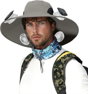 Outdoor Wide Brim Sun Hat with 4 Solar Fan Sun Bucket Hat for Men Women UPF 50  Bucket Fishing & Beach Hat with Fan Built in