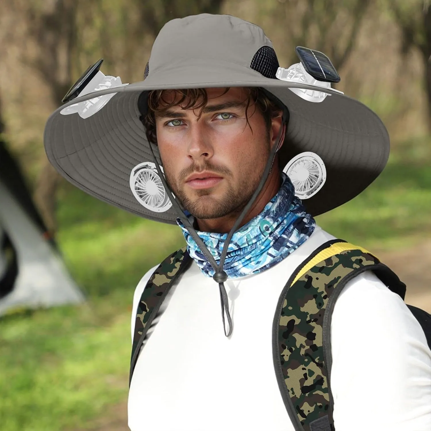 Outdoor Wide Brim Sun Hat with 4 Solar Fan Sun Bucket Hat for Men Women UPF 50  Bucket Fishing & Beach Hat with Fan Built in