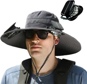 Outdoor Wide Brim Sun Hat with Solar Fan, 2025 New Ultralight Solar Powered Fan Sun Hat with 2 Solar Fan for Work Fishing
