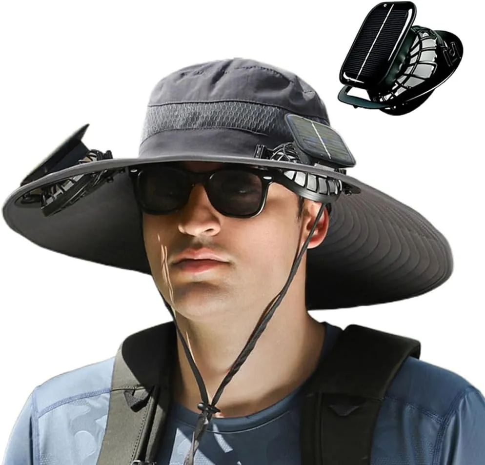 Outdoor Wide Brim Sun Hat with Solar Fan, 2025 New Ultralight Solar Powered Fan Sun Hat with 2 Solar Fan for Work Fishing