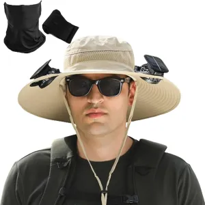 Outdoor Wide Brim Sun Hat with Solar Fan, Hat with Solar Powered Fan Hat Outdoor Fishing Hat-Solar & USB Charging