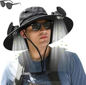 Outdoor Wide Brim Sun Hat with Solar Fan - Sun Bucket Hat for Men Women, UPF Bucket Fishing Hat Fan Built in