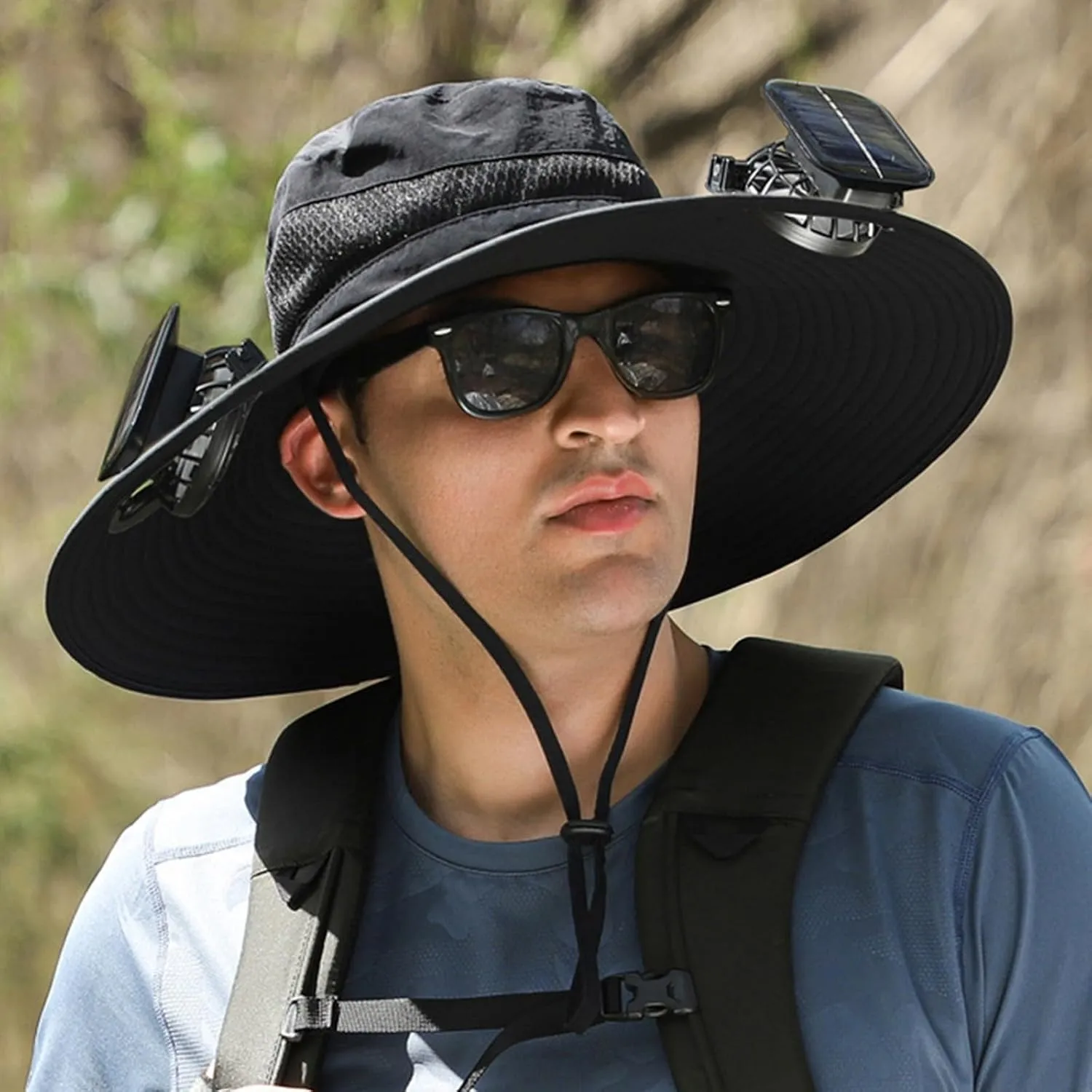 Outdoor Wide Brim Sun Hat with Solar Fan - Sun Bucket Hat for Men Women, UPF Bucket Fishing Hat Fan Built in
