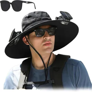 Outdoor Wide Brim Sun Hat with Solar Fan, Wide Brim Solar Fan Outdoor Fishing Hat-Solar & USB Charging