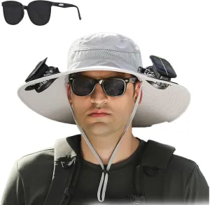 Outdoor Wide Brim Sun Hat with Solar Fan, Wide Brim Solar Fan Outdoor Fishing Hat-Solar & USB Charging