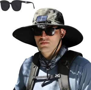 Outdoor Wide Brim Sun Hat with Solar Fan, Wide Brim Solar Fan Outdoor Fishing Hat-Solar & USB Charging