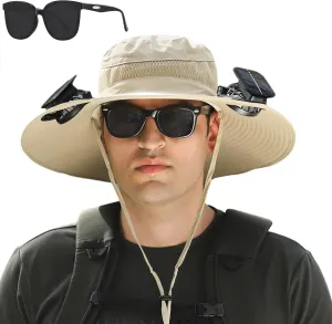 Outdoor Wide Brim Sun Hat with Solar Fan, Wide Brim Solar Fan Outdoor Fishing Hat-Solar & USB Charging